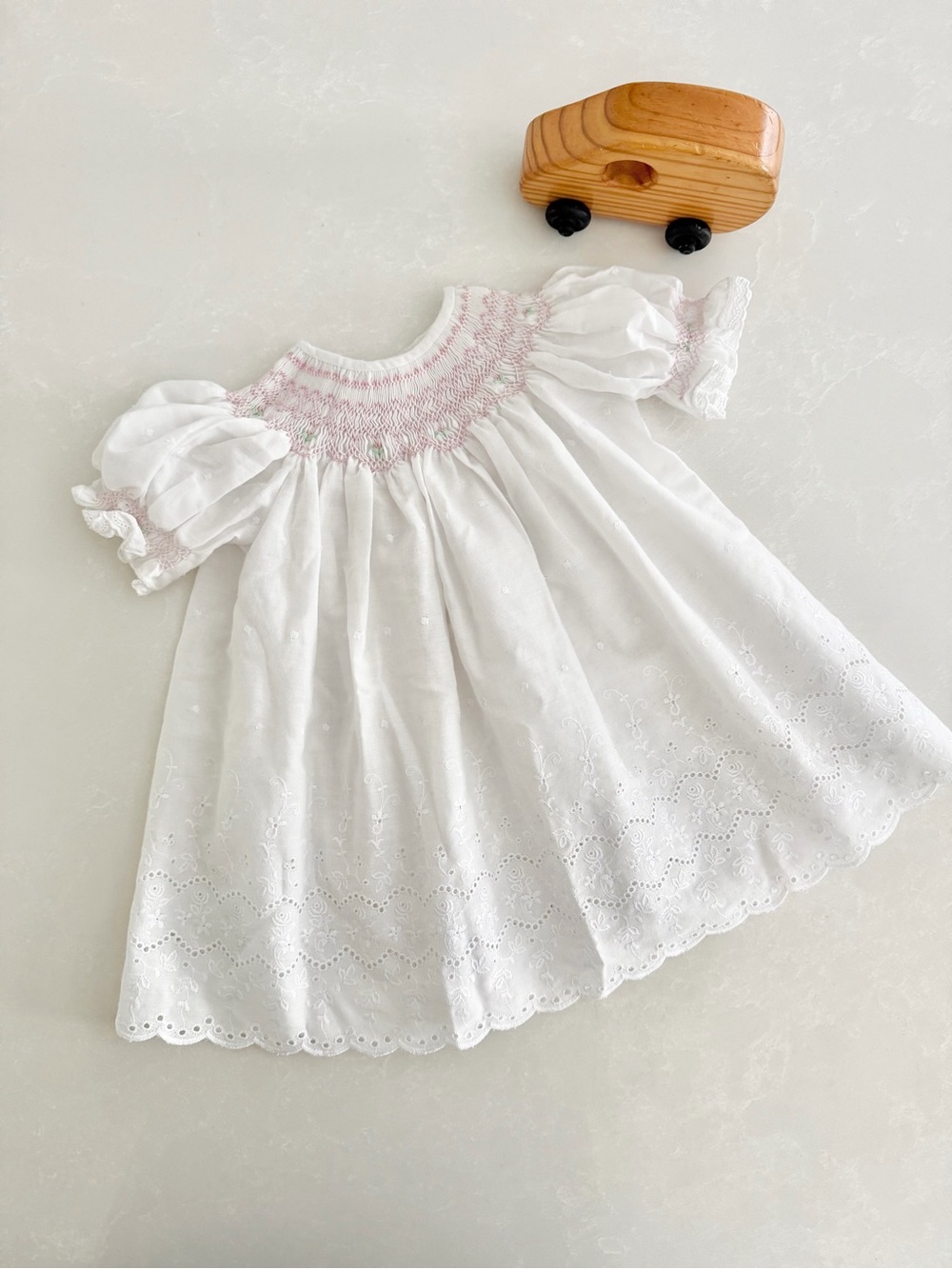 White Hand Smocked Swiss Dot Bishop Dress Pink Bullion Roses Heirloom | Size 3M